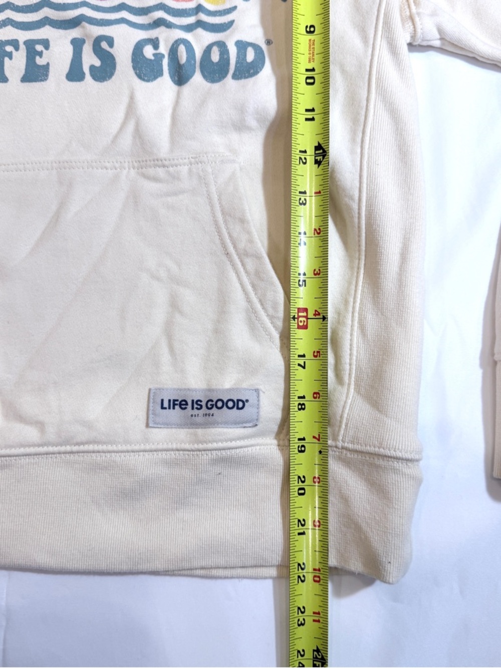 Life Is Good Cream Hoodie with Blue Graphic Women’s XS - Picture 3 of 13